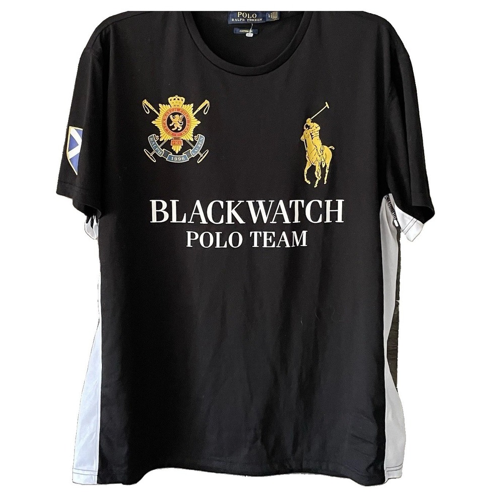 Mens L POLO RALPH LAUREN Black Watch Polo Team Polyester T-Shirt Black Big Pony